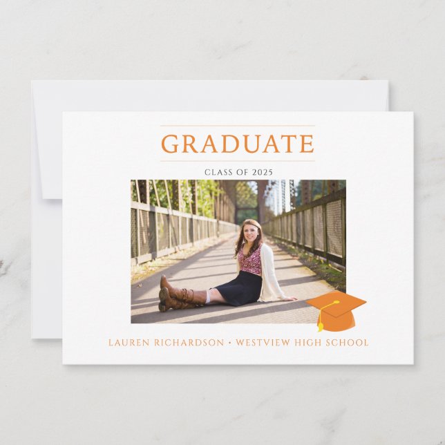 Invitation Orange et Blanc Simple Photo Graduation Party (Devant)