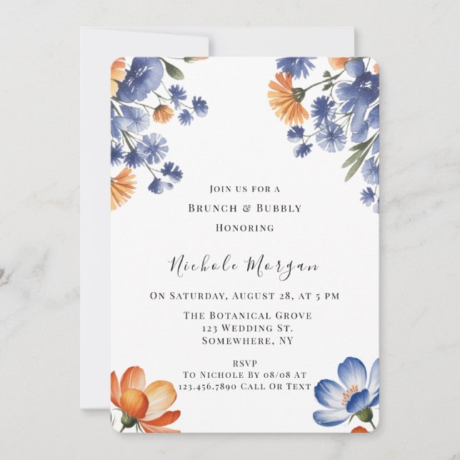 Invitation Orange et Cobalt Blue Floral Brunch & Bubbly (Devant)
