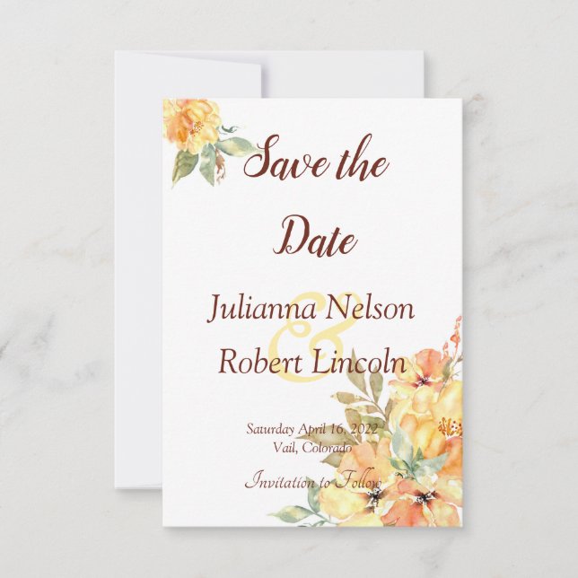 Invitation Orange et jaune aquarelle floral enregistrer la da (Devant)