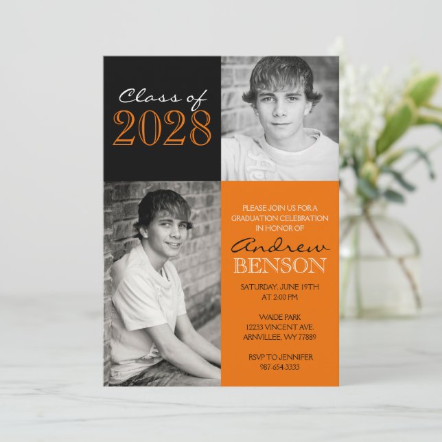 Invitation Orange et Noir Classique 2 Photo Graduation (Debout devant)