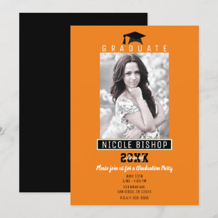 Invitation Orange et Noir Photo Party de Remise de Diplômes M