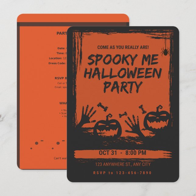 Invitation orange et noir pour une soirée d'Hallow (Devant / Derrière)
