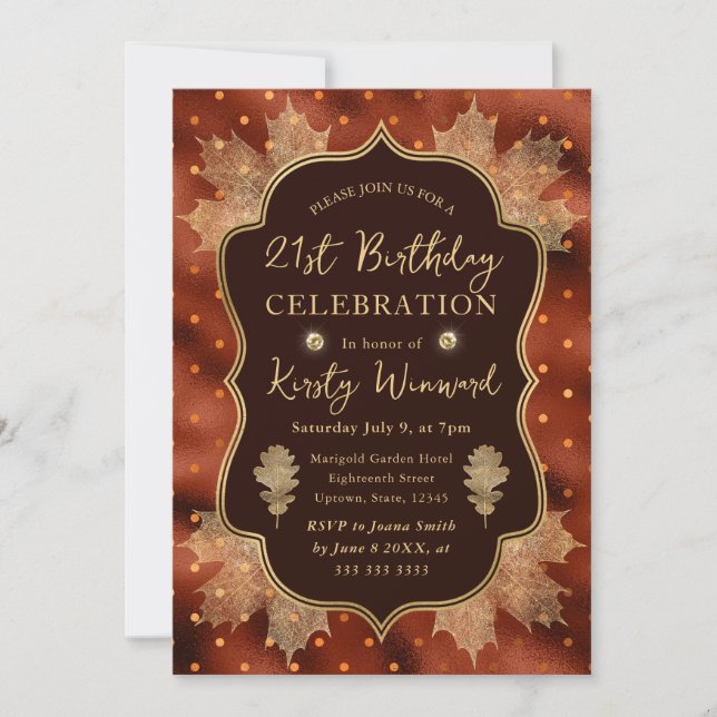 Invitation Orange et Or Feuilles d'Automne 21e Anniversaire (Devant)