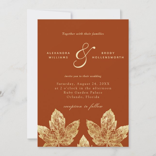 Invitation Orange et or Rustique Feuille or Foil Mariage (Devant)