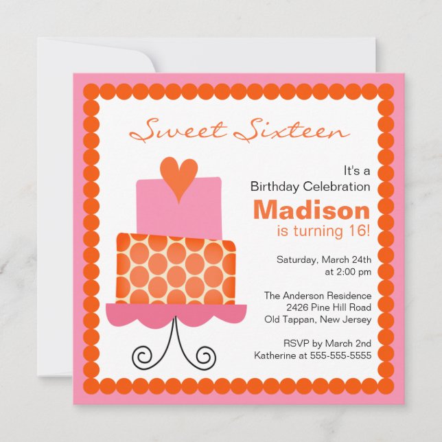 Invitation orange et rose de sweet sixteen de (Devant)