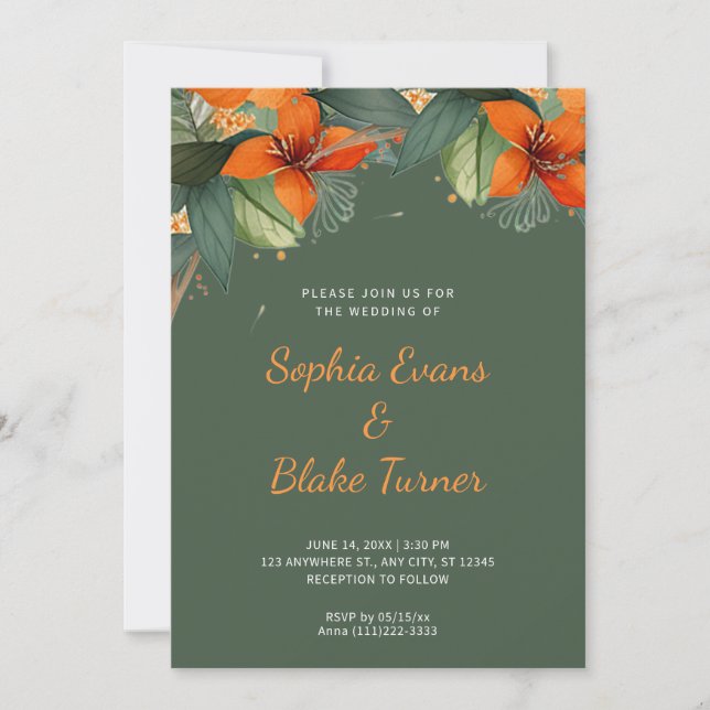 Invitation Orange et vert Tropical Floral Mariage vert (Devant)