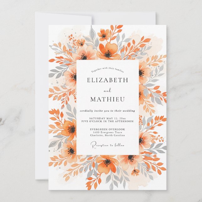 Invitation Orange Exquisite Watercolor Wedding (Devant)
