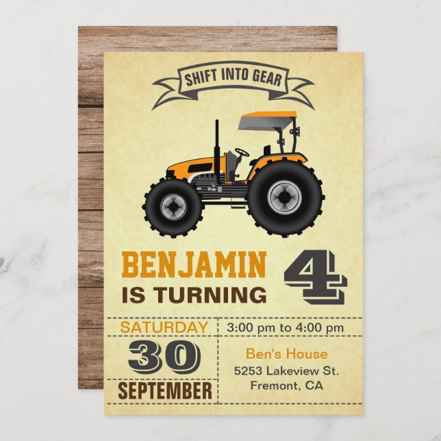 Invitation Orange Farm Tractor Anniversaire de enfant Party I (Devant / Derrière)