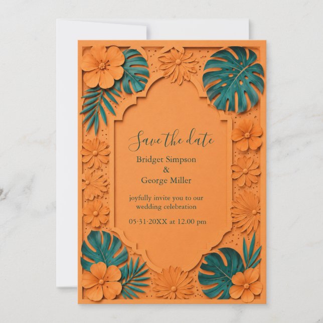 Invitation orange Faux Découpe Hawaï Floral Mariage  (Devant)