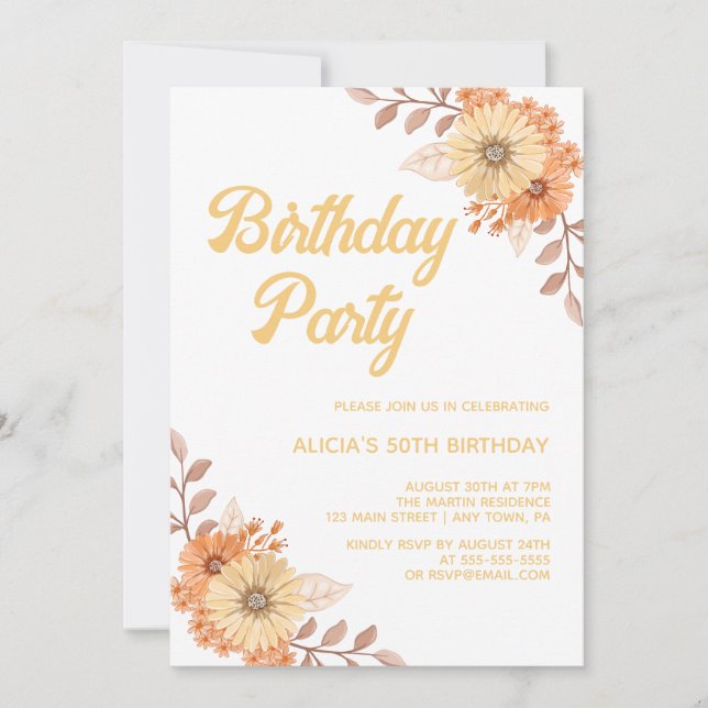 Invitation Orange Fleur Botanique Or Blanc Anniversaire (Devant)