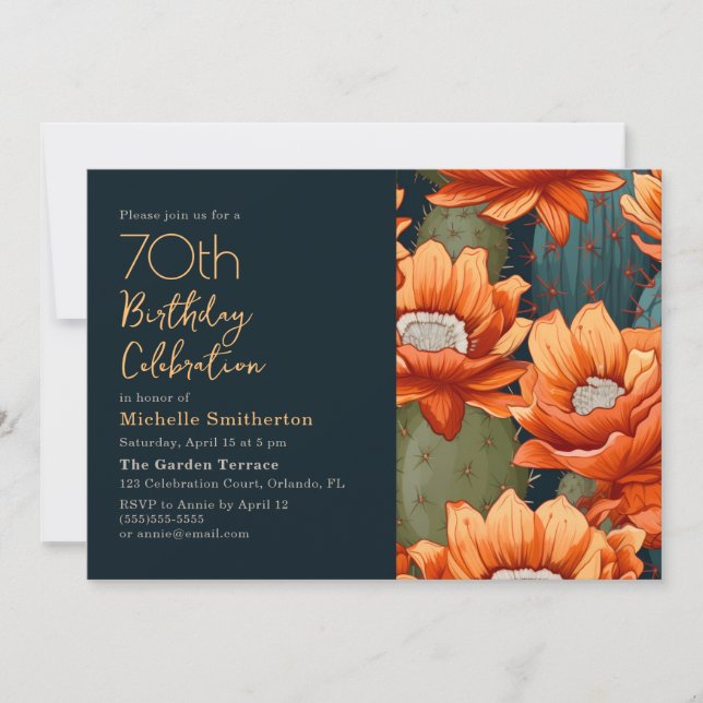 Invitation Orange Floral Green Cactus Navy 70e anniversaire (Devant)