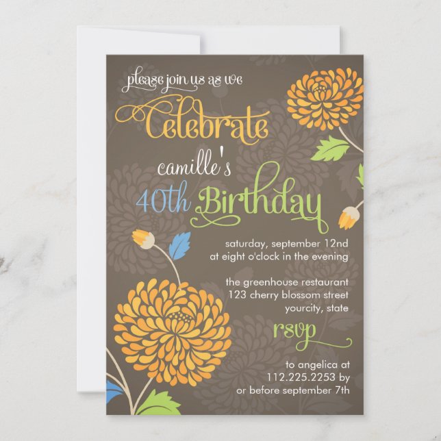 Invitation Orange floral moderne et fête d'anniversaire Brown (Devant)