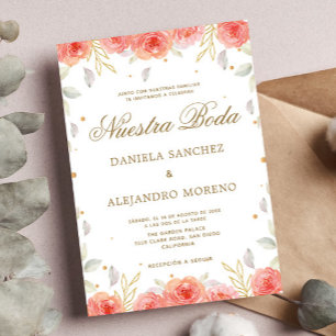 Invitation Orange Floral Or Nuestra Boda Mariage espagnol