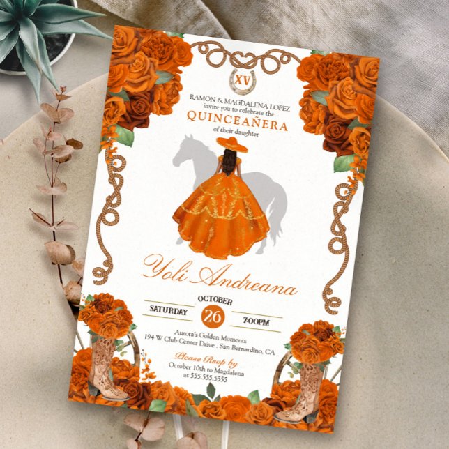 Invitation Orange Floral Ouest Charra Quinceanera (Créateur téléchargé)