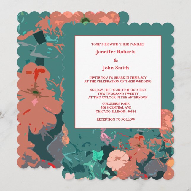 Invitation Orange Floral Pêche Vert Fleurs Feuilles Mariage A (Devant / Derrière)