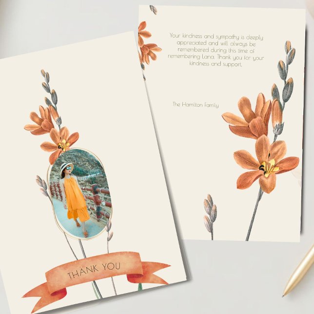 Invitation Orange Floral Photo Funéraire Sympathie Merci (Créateur téléchargé)