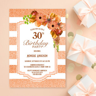 Invitation Orange Floral rayé 30e fête d'anniversaire
