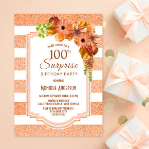 Invitation Orange Floral rayé Surprise 100e anniversaire