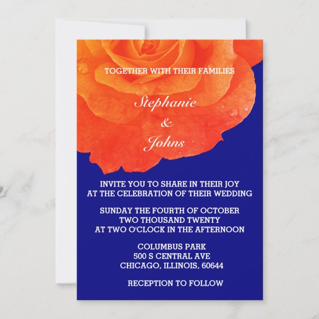 Invitation Orange Floral Rose bleu  Mariage (Devant)