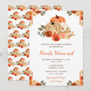 Invitation Orange Floral Rustique Baby shower Citrouille