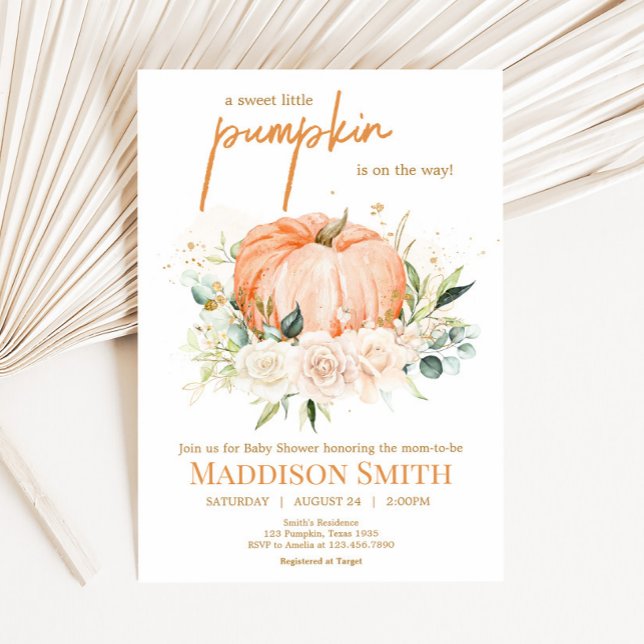 Invitation Orange Floral Sweet Petit Baby shower Citrouille (Sweet Floral Little Pumpkin Baby Shower Invitation
)