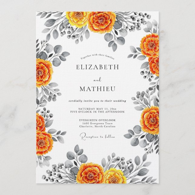 Invitation Orange Floral Watercolor Romance Wedding (Devant)