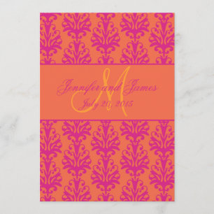 Invitation orange fuchsia de mariage damassé