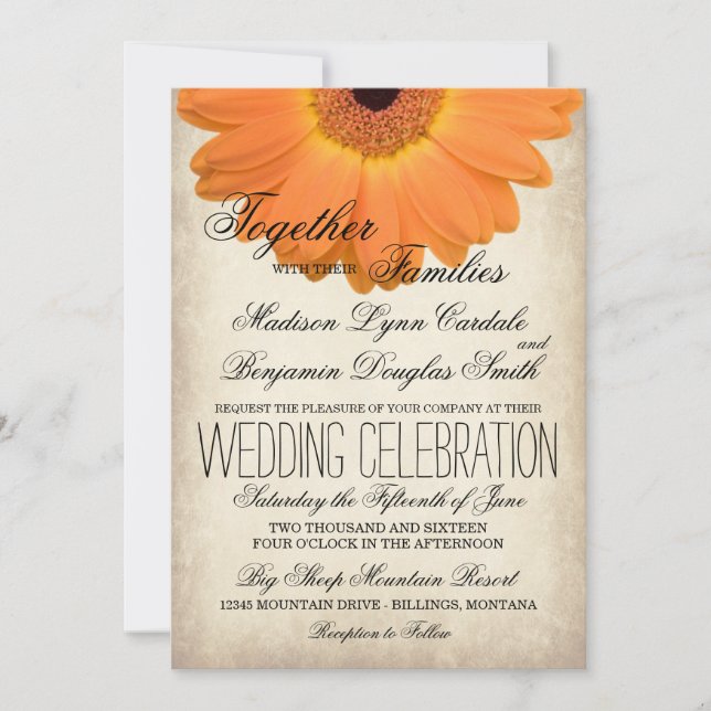 Invitation Orange Gerber Daisy Rustic Mariages campagnards In (Devant)