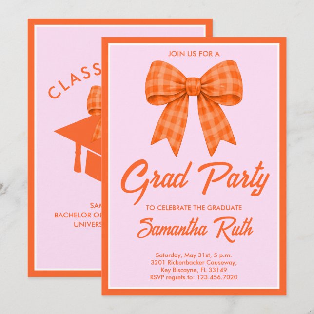 Invitation Orange Gingham Bow Graduation Party (Devant / Derrière)