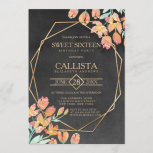 Invitation Orange Gold Black Floral Terrarium Sweet 16