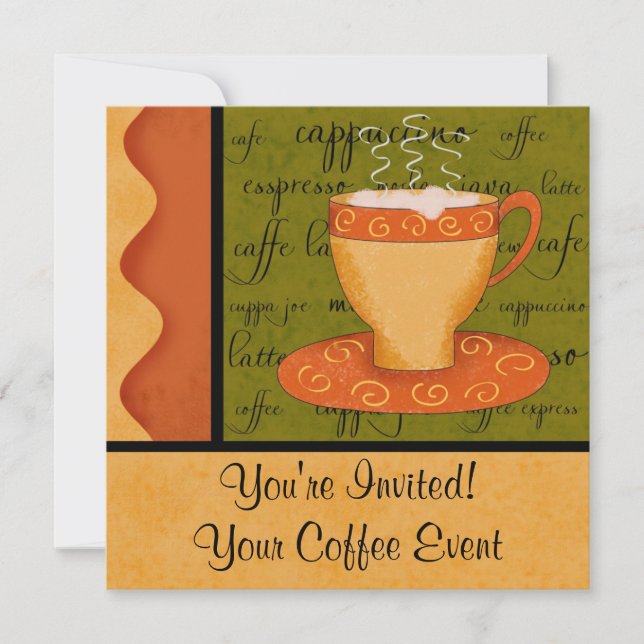Invitation Orange Gold Green Coffee Cup Art Nom personnalisé (Devant)