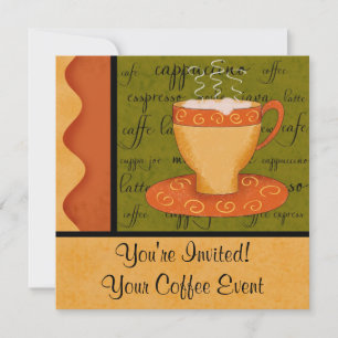 Invitation Orange Gold Green Coffee Cup Art Nom personnalisé