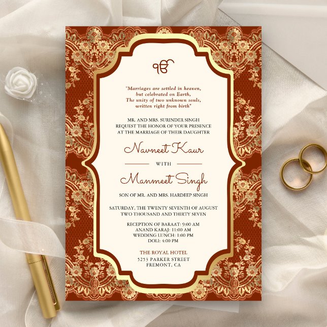 Invitation Orange Gold Lace QR Code Anand Karaj Sikh Mariage (Créateur téléchargé)