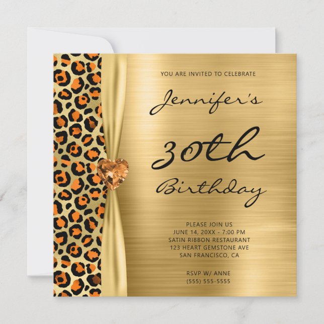 Invitation Orange Gold Leopard Foil Gem Ribbon 30e anniversai (Devant)