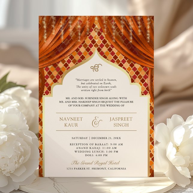 Invitation Orange Gold Quatrefoil QR Code Sikh Mariage (Créateur téléchargé)