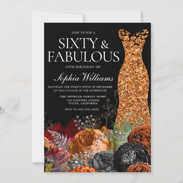 Invitation Orange Gown & Floral Automne 60e fête d'anniversai (Devant)