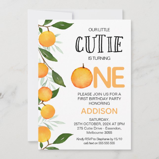 Invitation Orange Green Notre Petite Cutie Premier Anniversai (Devant)