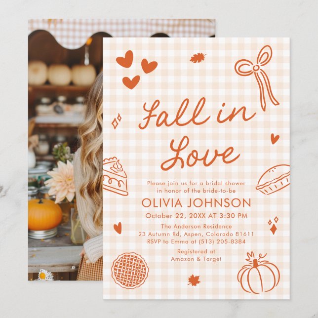 Invitation Orange Hand Drawn Fall in Love Bridal Shower (Devant / Derrière)