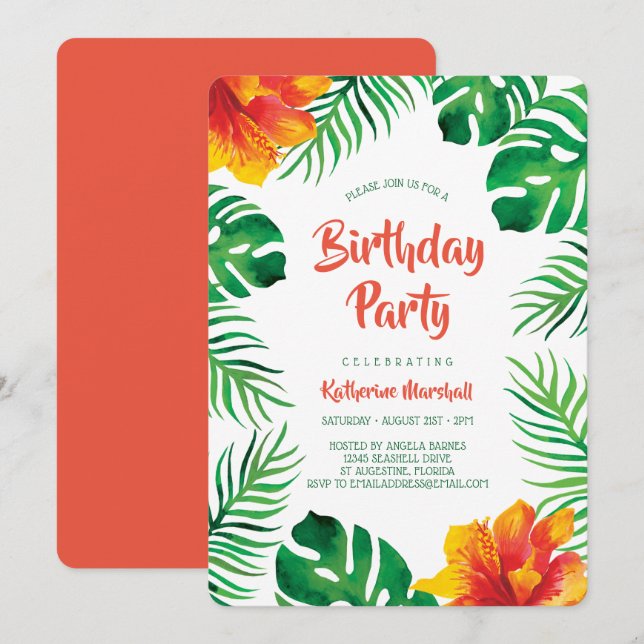 Invitation Orange Hibiscus Tropical Feuille fête d'anniversai (Devant / Derrière)