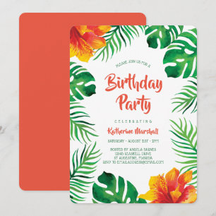 Invitation Orange Hibiscus Tropical Feuille fête d'anniversai