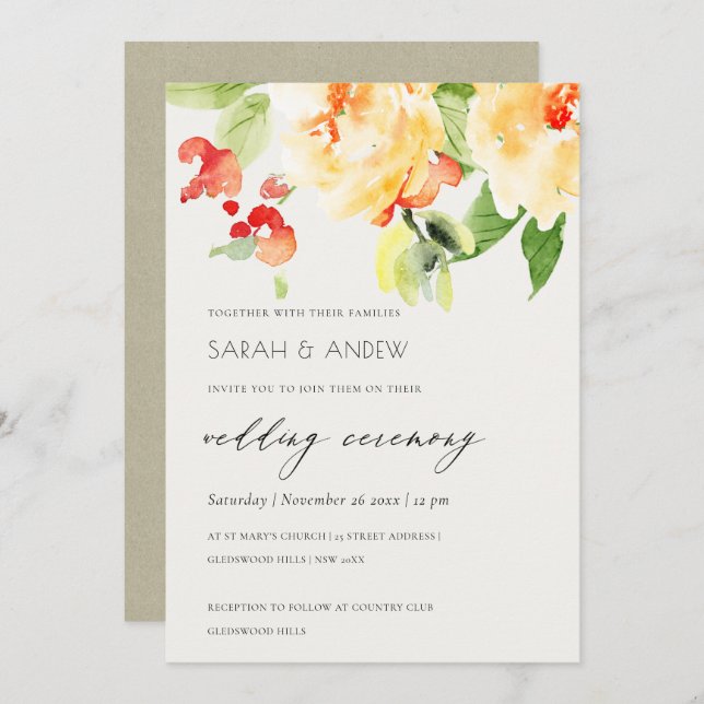 INVITATION ORANGE JAUNE ROSE ROSE ROSE ROSE MARIAGE FLORAL (Devant / Derrière)