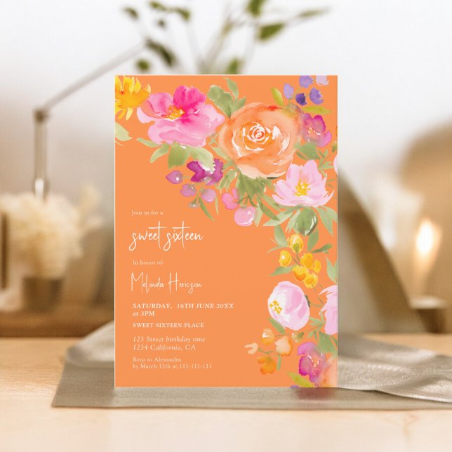 Invitation Orange Joli romantique été floral doux 16 (Pink Pretty romantic summer floral sweet 16 Invitation on orange)