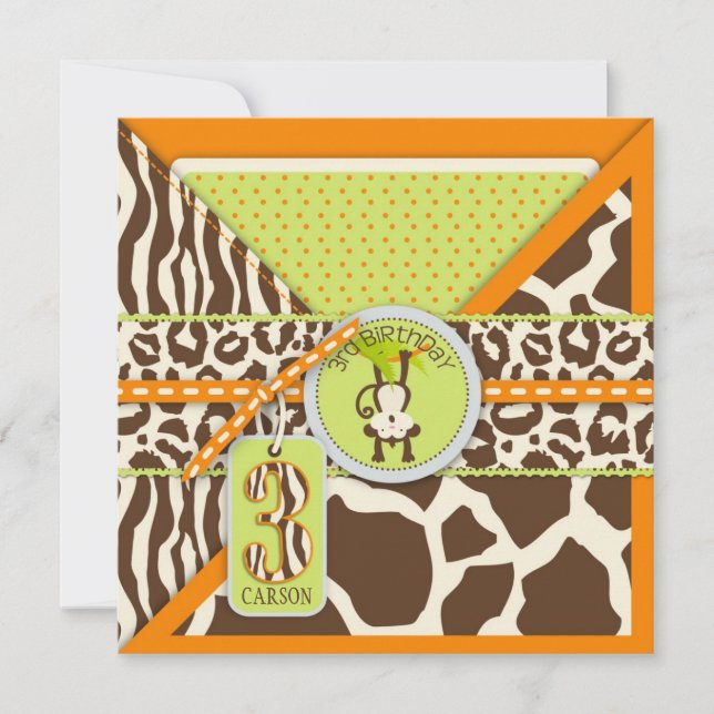 Invitation Orange Jungle Monkey Troisième Anniversaire (Devant)