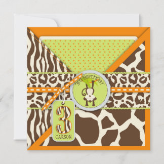 Invitation Orange Jungle Monkey Troisième Anniversaire