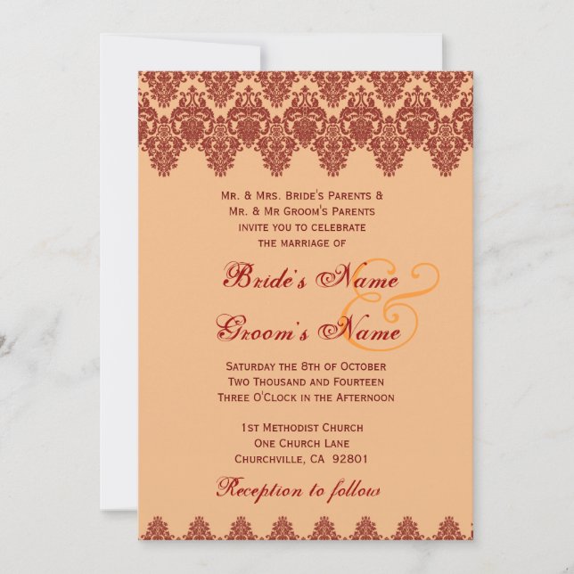 Invitation Orange Lace Mariage damassé Premium Gold Metallic (Devant)