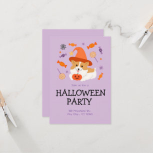 Invitation Orange & Lilac Cute Dog Halloween Party