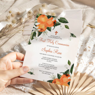 Invitation Orange & Lilies Floral Première Sainte Communion