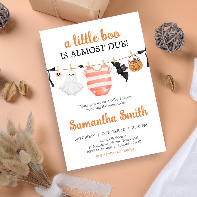 Invitation Orange Little Boo Baby shower (A Little Boo Is Almost Due Clothesline Baby Shower Invitation)