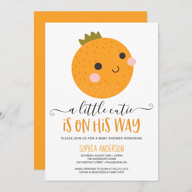 Invitation Orange Little Cutie Citrus Moderne Baby shower Gar (Devant / Derrière)
