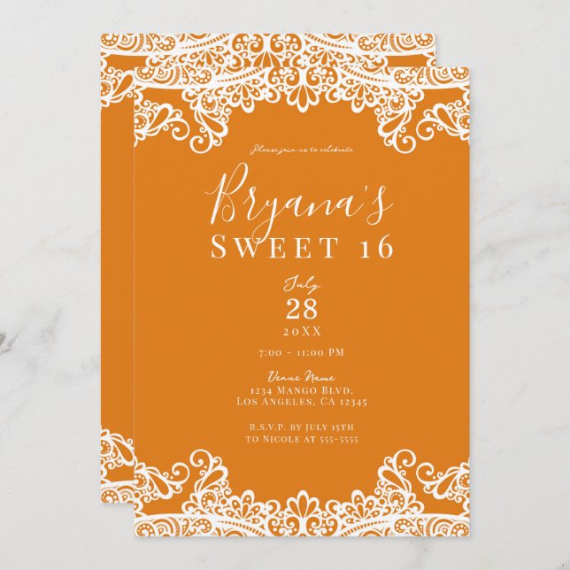 Invitation Orange Mango Blanche dentelle Élégante Sweet 16 Pa (Devant / Derrière)